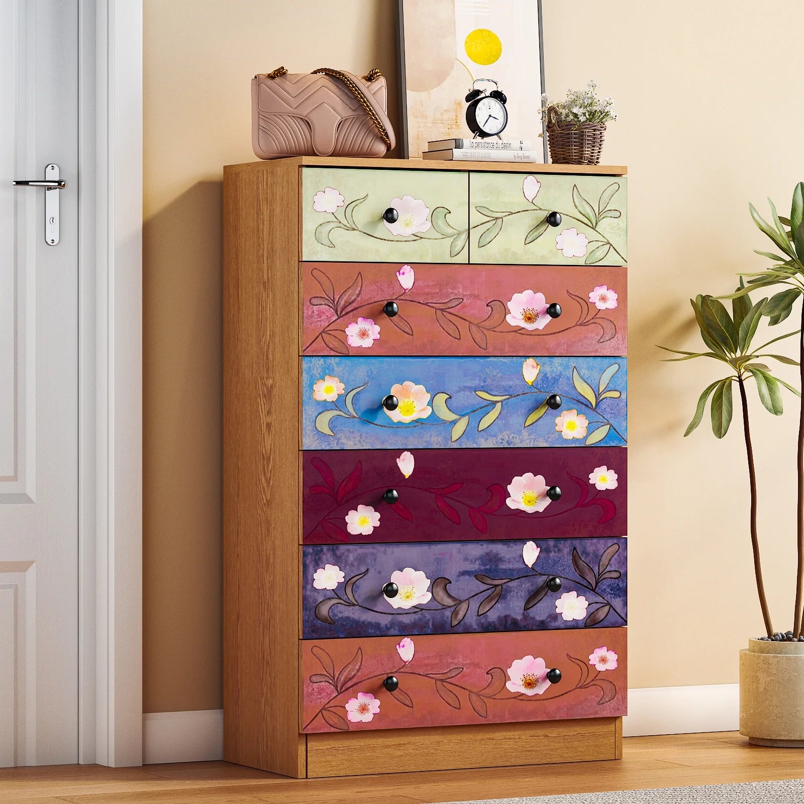 Ktaxon Wood 6 - Drawer Dresser Organizer for Bedroom Storage Tower for Entryway Hallway Closet, Tall Chest Organizer Unit with Wood Bins, Floral Painted Wooden