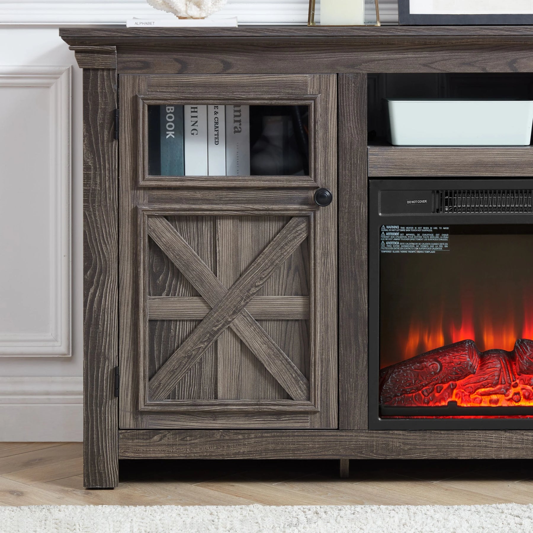 60" Farmhouse Fireplace TV Stand for Tvs up to 70 in, Entertainment Center with 18" Electric Fireplace, Rustic TV with Glass Barn Doors for Living Room, Adjustable Shelf