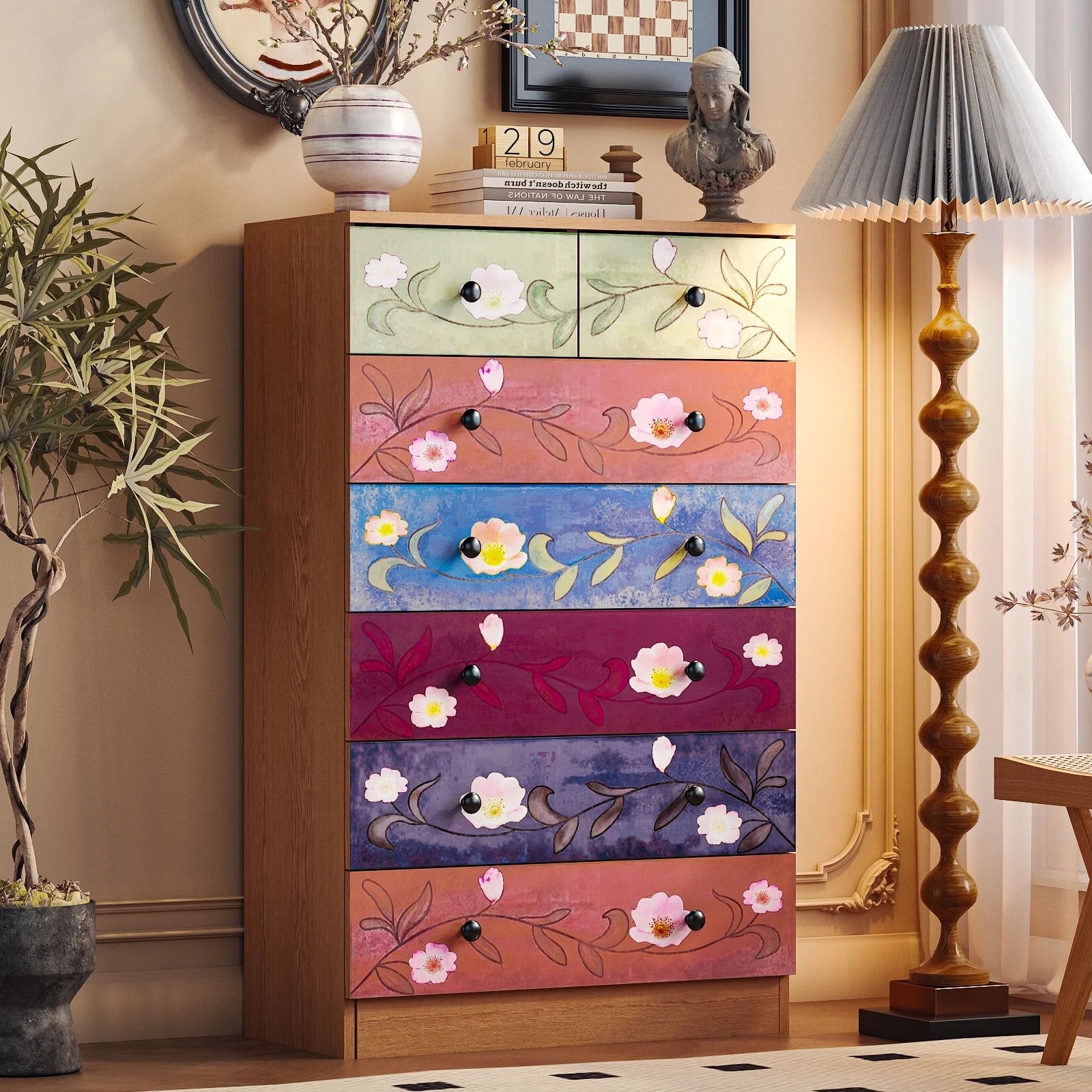 Ktaxon Wood 6 - Drawer Dresser Organizer for Bedroom Storage Tower for Entryway Hallway Closet, Tall Chest Organizer Unit with Wood Bins, Floral Painted Wooden