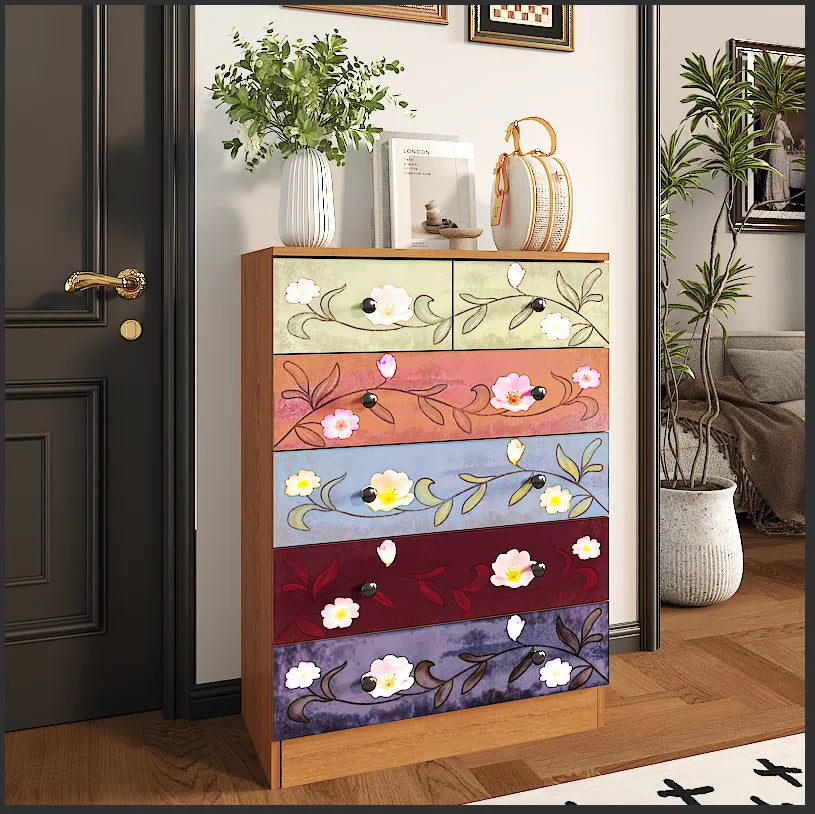 Ktaxon Wood 6 - Drawer Dresser Organizer for Bedroom Storage Tower for Entryway Hallway Closet, Tall Chest Organizer Unit with Wood Bins, Floral Painted Wooden