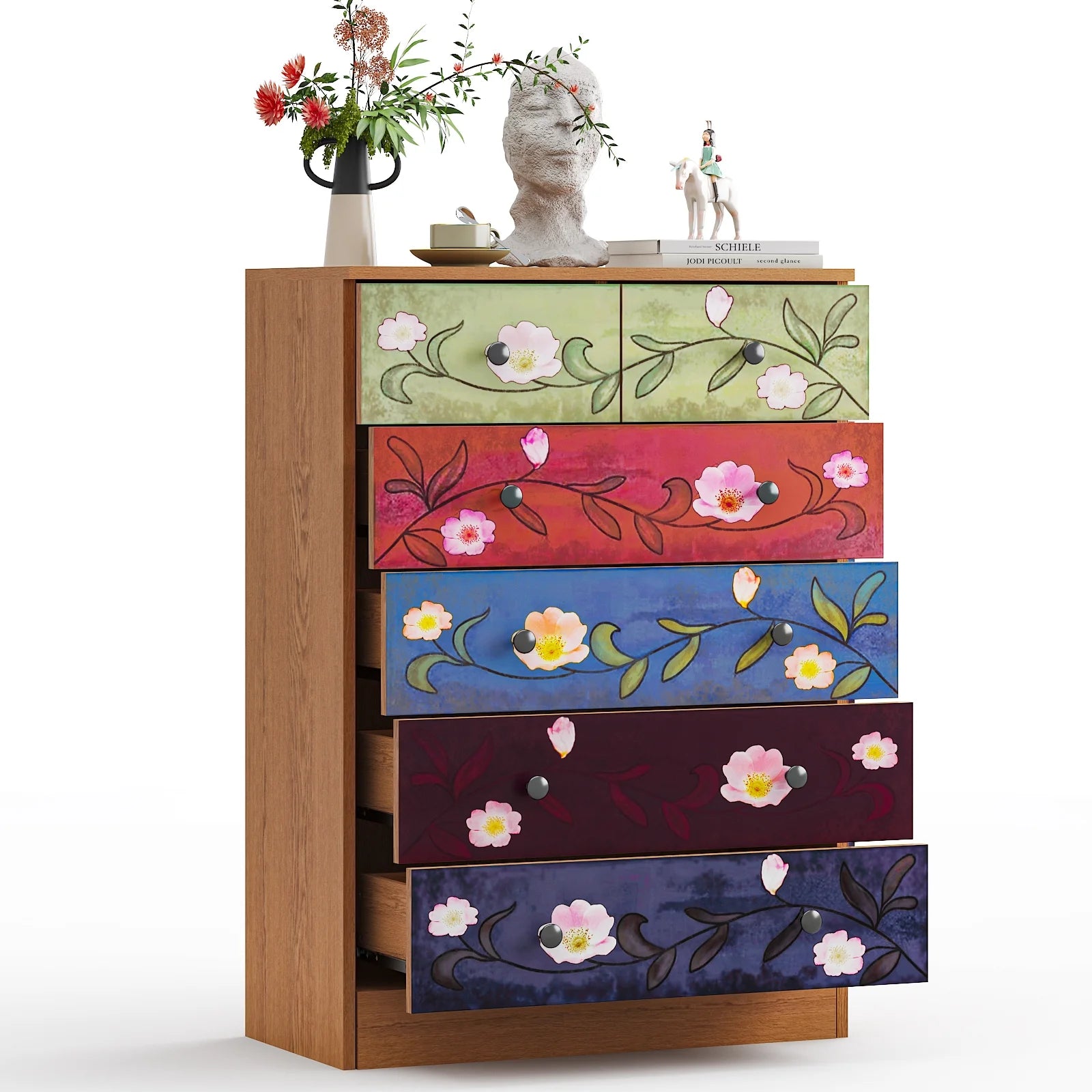 Ktaxon Wood 6 - Drawer Dresser Organizer for Bedroom Storage Tower for Entryway Hallway Closet, Tall Chest Organizer Unit with Wood Bins, Floral Painted Wooden