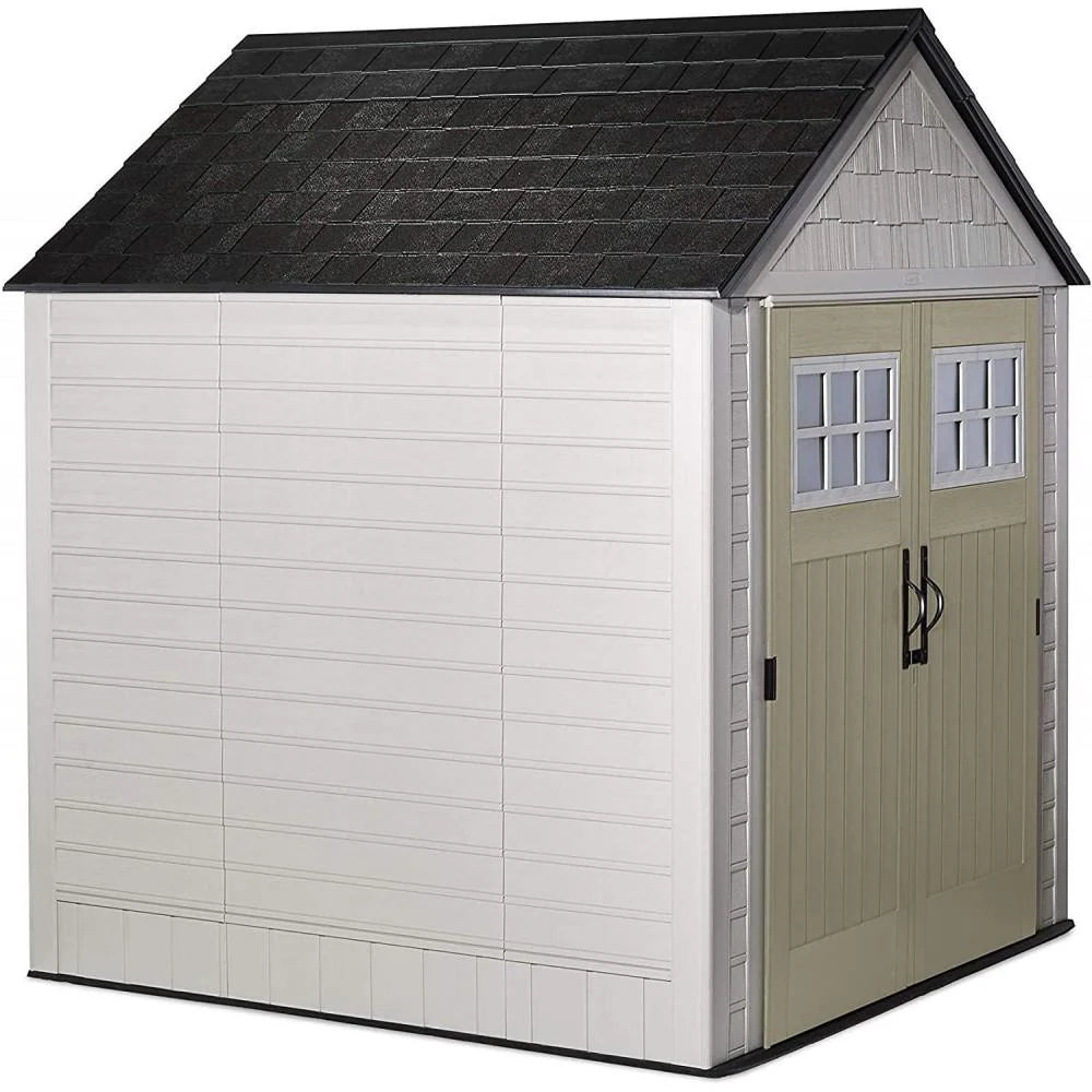 77 Ft Durable Weather Resistant Resin Outdoor Garden Storage Shed with Windows and Utility Hooks, Sand