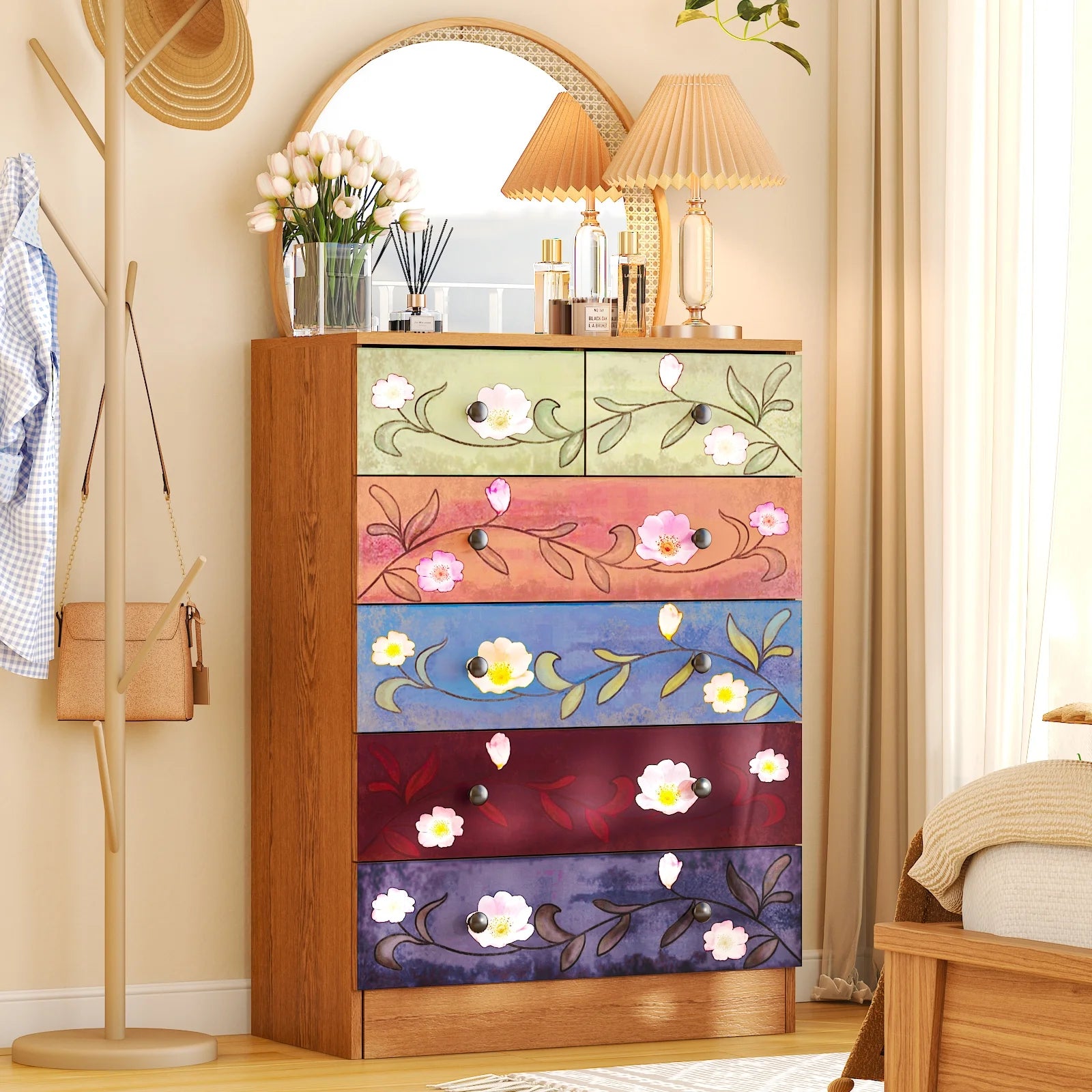 Ktaxon Wood 6 - Drawer Dresser Organizer for Bedroom Storage Tower for Entryway Hallway Closet, Tall Chest Organizer Unit with Wood Bins, Floral Painted Wooden