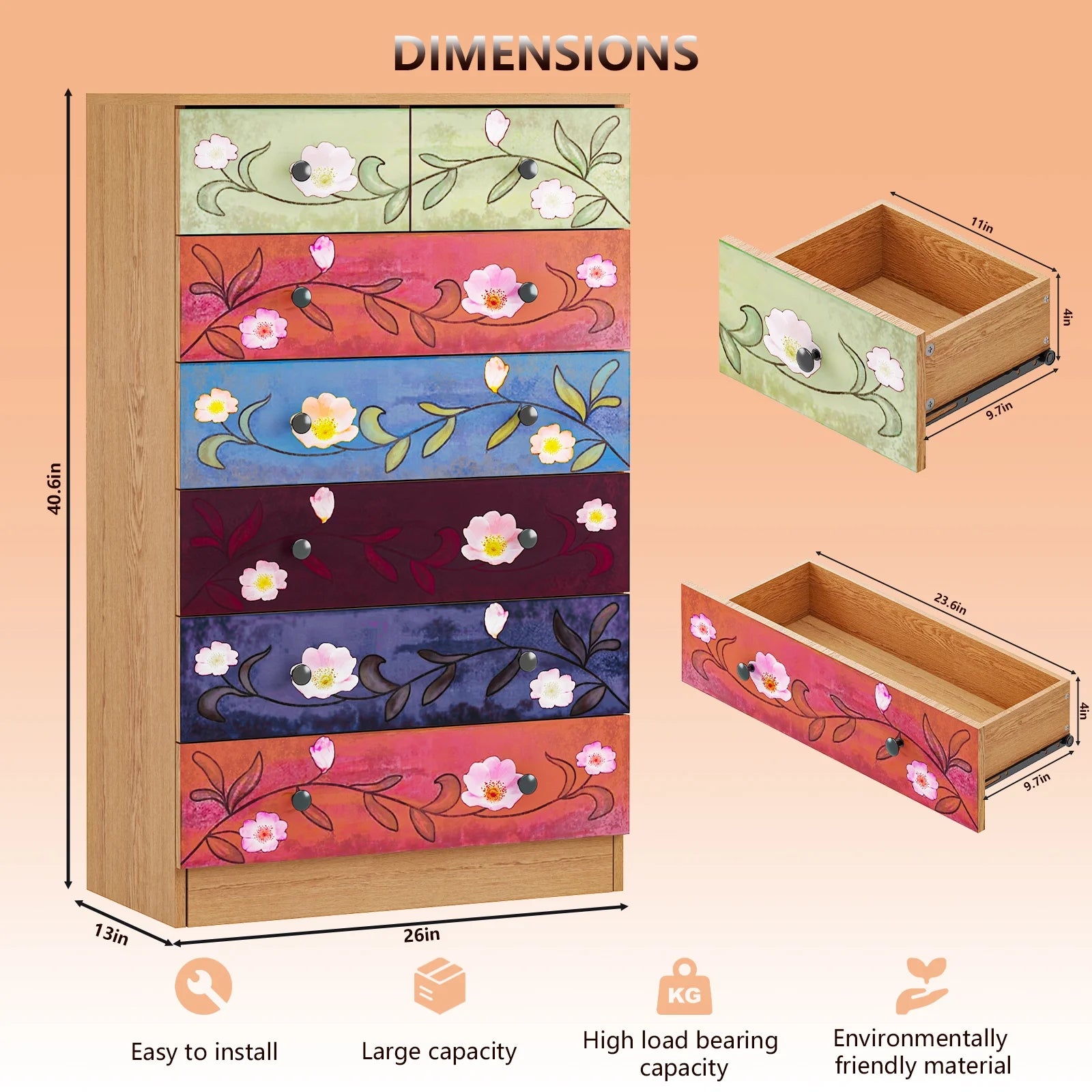 Ktaxon Wood 6 - Drawer Dresser Organizer for Bedroom Storage Tower for Entryway Hallway Closet, Tall Chest Organizer Unit with Wood Bins, Floral Painted Wooden