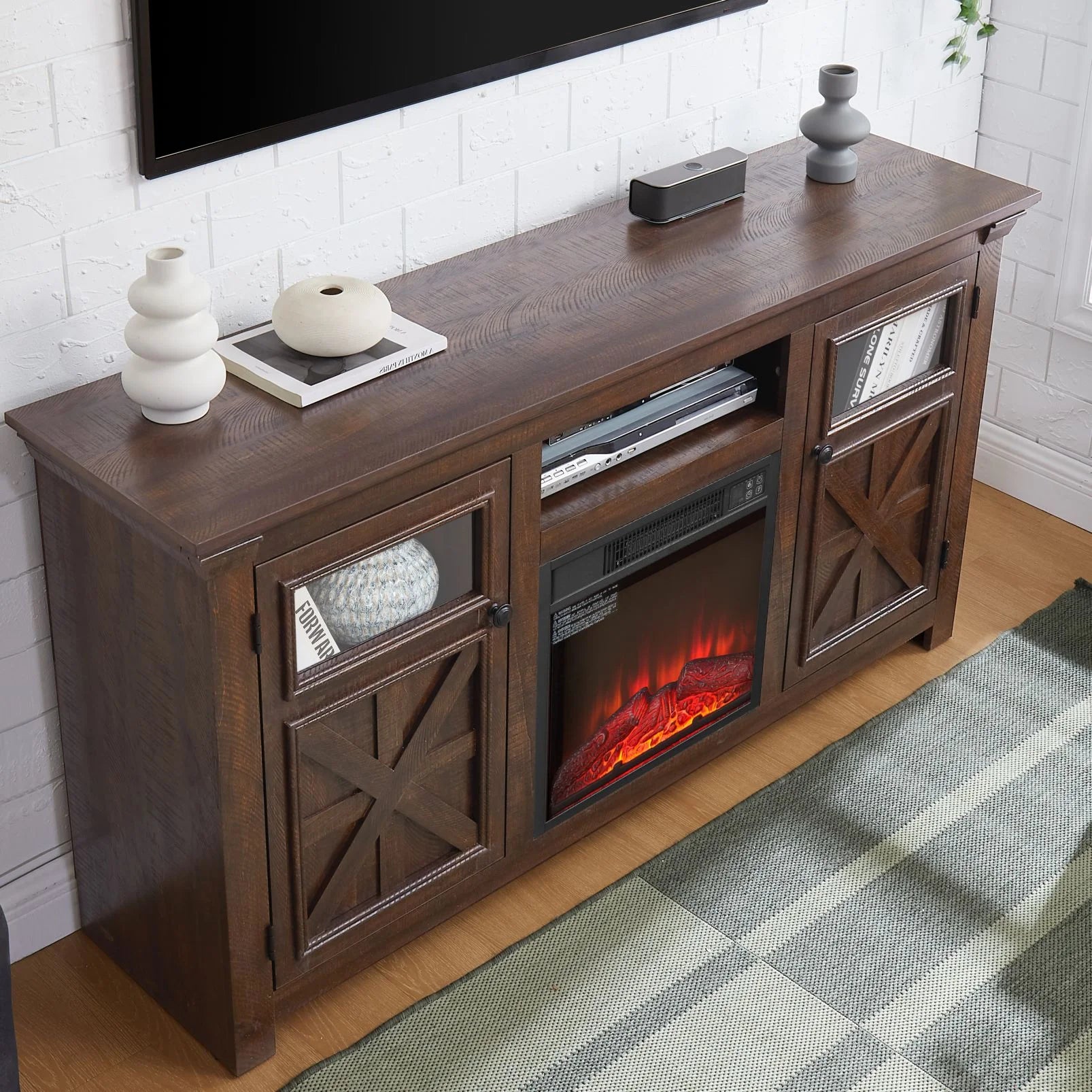 60" Farmhouse Fireplace TV Stand for Tvs up to 70 in, Entertainment Center with 18" Electric Fireplace, Rustic TV with Glass Barn Doors for Living Room, Adjustable Shelf