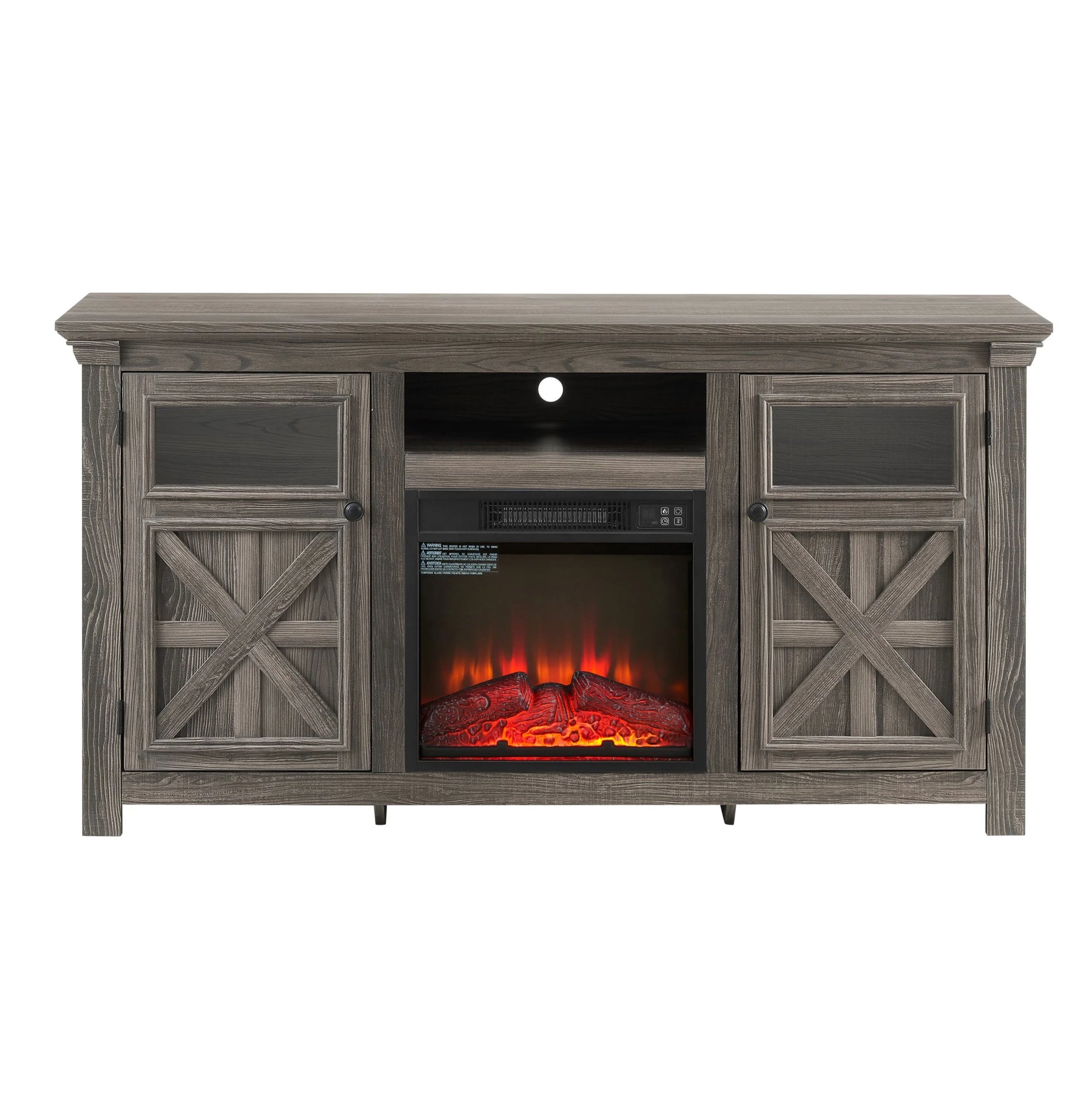 60" Farmhouse Fireplace TV Stand for Tvs up to 70 in, Entertainment Center with 18" Electric Fireplace, Rustic TV with Glass Barn Doors for Living Room, Adjustable Shelf