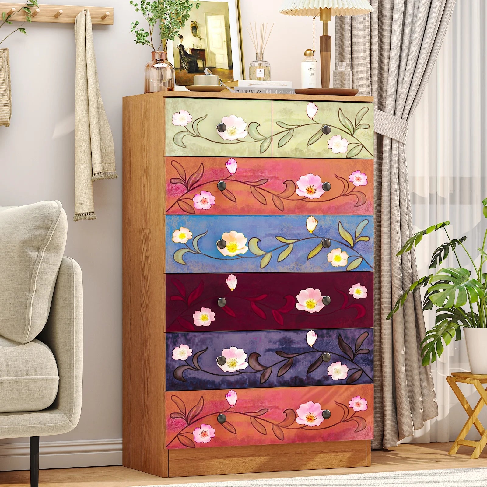 Ktaxon Wood 6 - Drawer Dresser Organizer for Bedroom Storage Tower for Entryway Hallway Closet, Tall Chest Organizer Unit with Wood Bins, Floral Painted Wooden