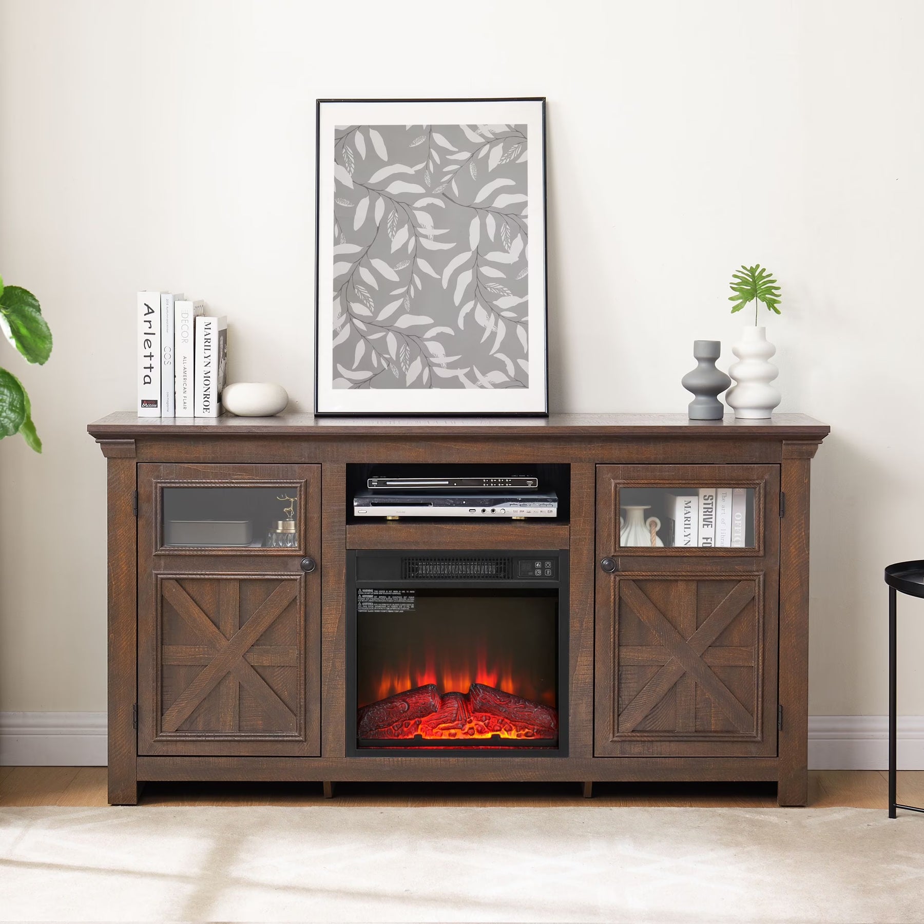 60" Farmhouse Fireplace TV Stand for Tvs up to 70 in, Entertainment Center with 18" Electric Fireplace, Rustic TV with Glass Barn Doors for Living Room, Adjustable Shelf