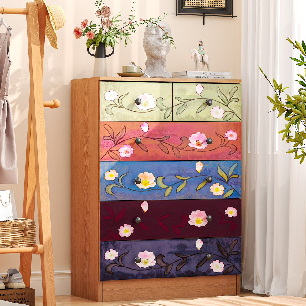 Ktaxon Wood 6 - Drawer Dresser Organizer for Bedroom Storage Tower for Entryway Hallway Closet, Tall Chest Organizer Unit with Wood Bins, Floral Painted Wooden