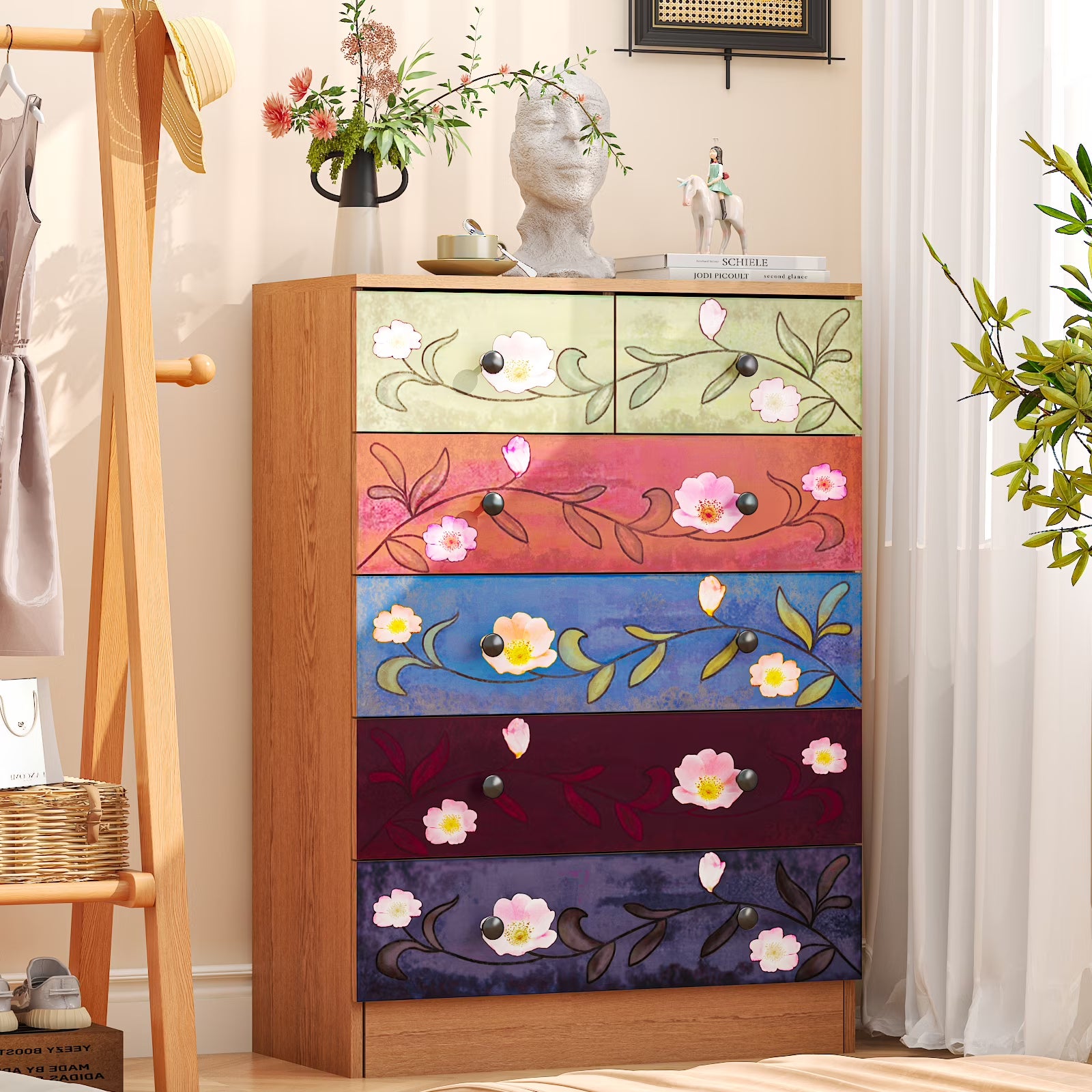 Ktaxon Wood 6 - Drawer Dresser Organizer for Bedroom Storage Tower for Entryway Hallway Closet, Tall Chest Organizer Unit with Wood Bins, Floral Painted Wooden