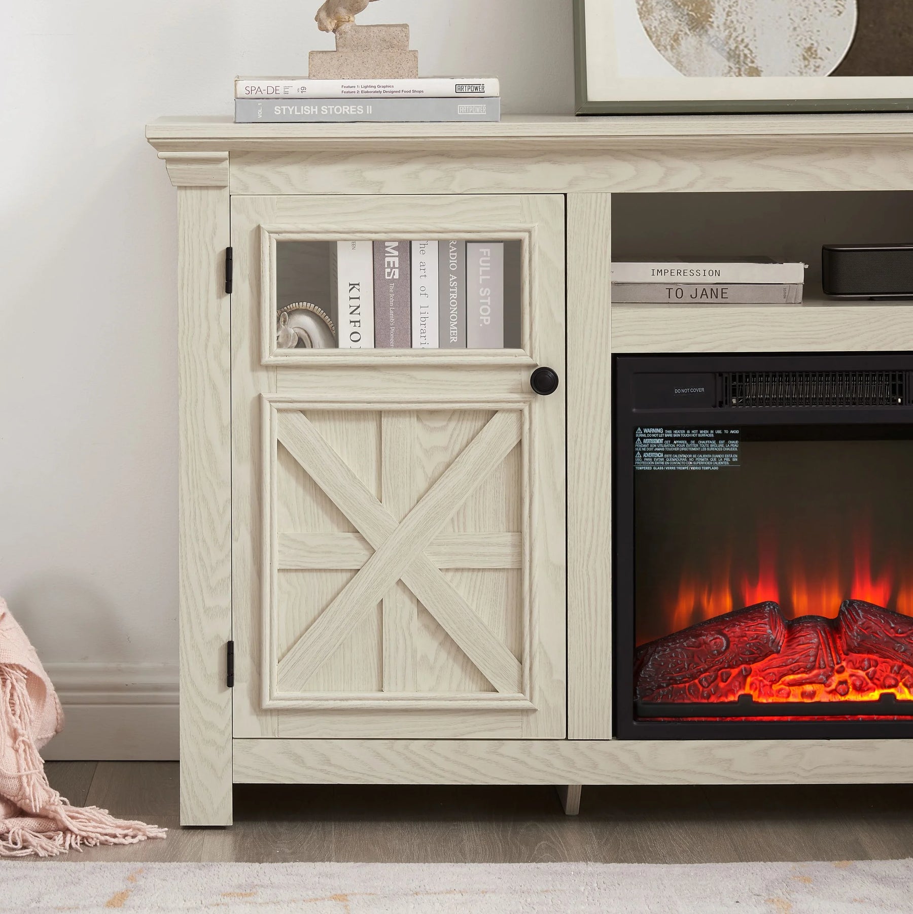 60" Farmhouse Fireplace TV Stand for Tvs up to 70 in, Entertainment Center with 18" Electric Fireplace, Rustic TV with Glass Barn Doors for Living Room, Adjustable Shelf