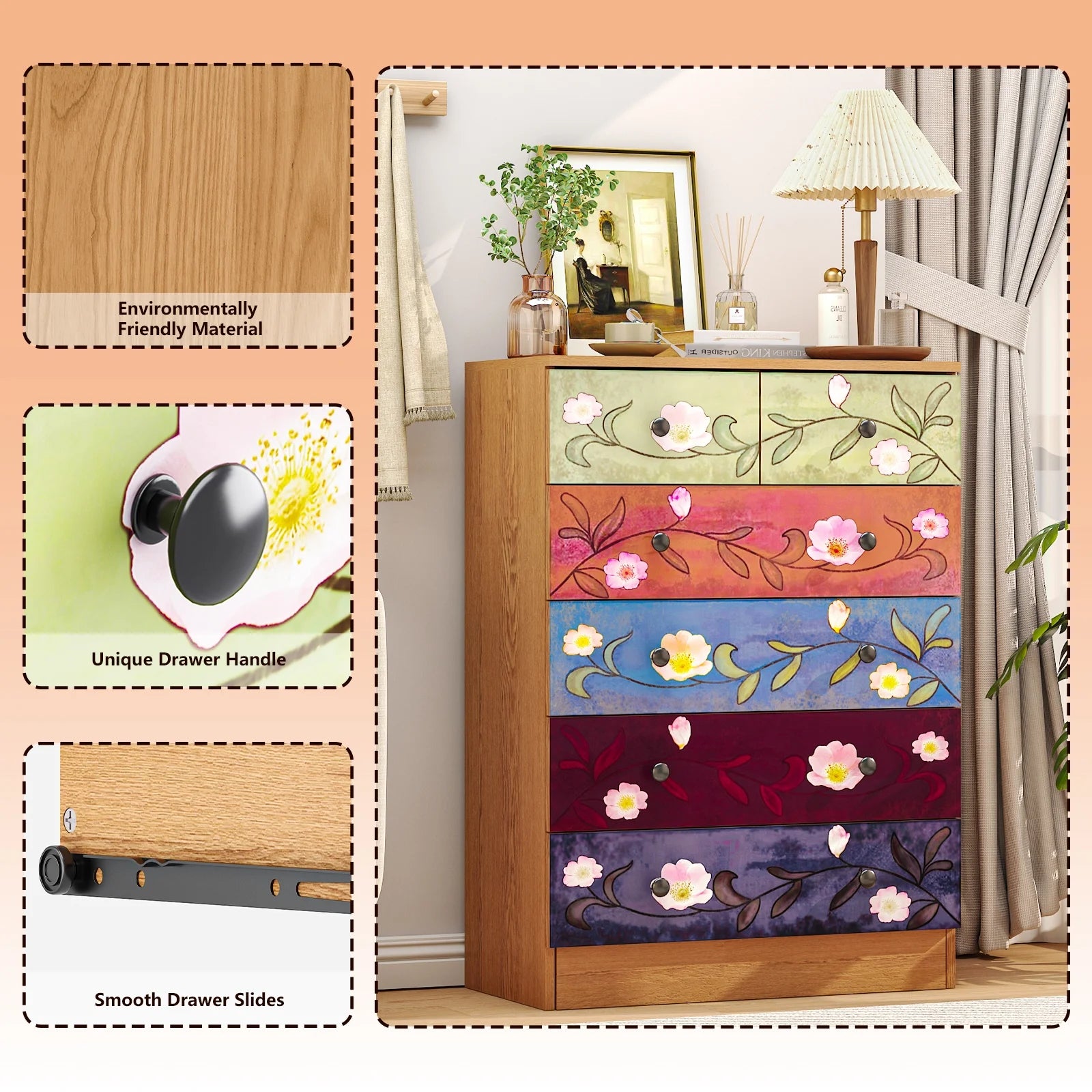 Ktaxon Wood 6 - Drawer Dresser Organizer for Bedroom Storage Tower for Entryway Hallway Closet, Tall Chest Organizer Unit with Wood Bins, Floral Painted Wooden
