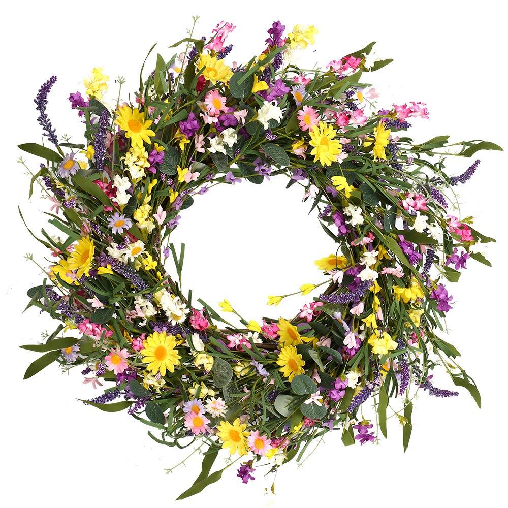 J'FLORU Decor Wreath,24" Daisy and Lavender Wreath,Beautiful Artificial Spring and Summer Wreath Front Door or Home Decoration
