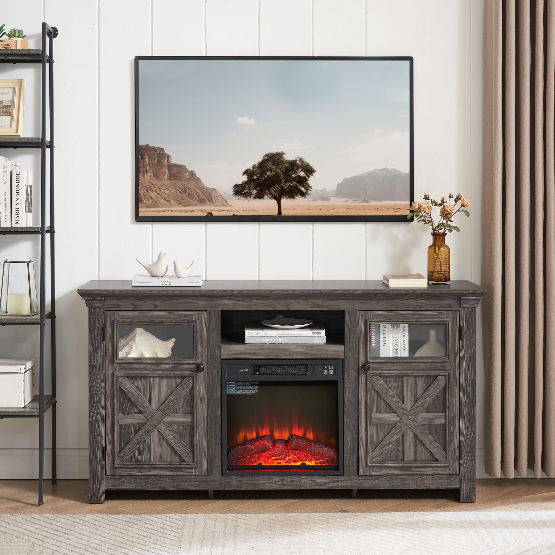 60" Farmhouse Fireplace TV Stand for Tvs up to 70 in, Entertainment Center with 18" Electric Fireplace, Rustic TV with Glass Barn Doors for Living Room, Adjustable Shelf