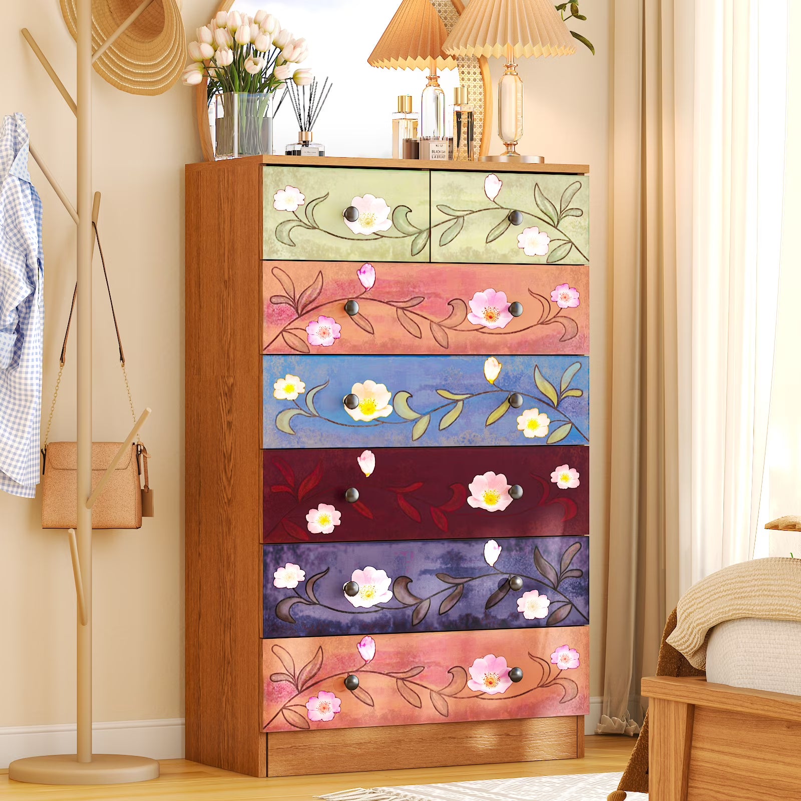 Ktaxon Wood 6 - Drawer Dresser Organizer for Bedroom Storage Tower for Entryway Hallway Closet, Tall Chest Organizer Unit with Wood Bins, Floral Painted Wooden