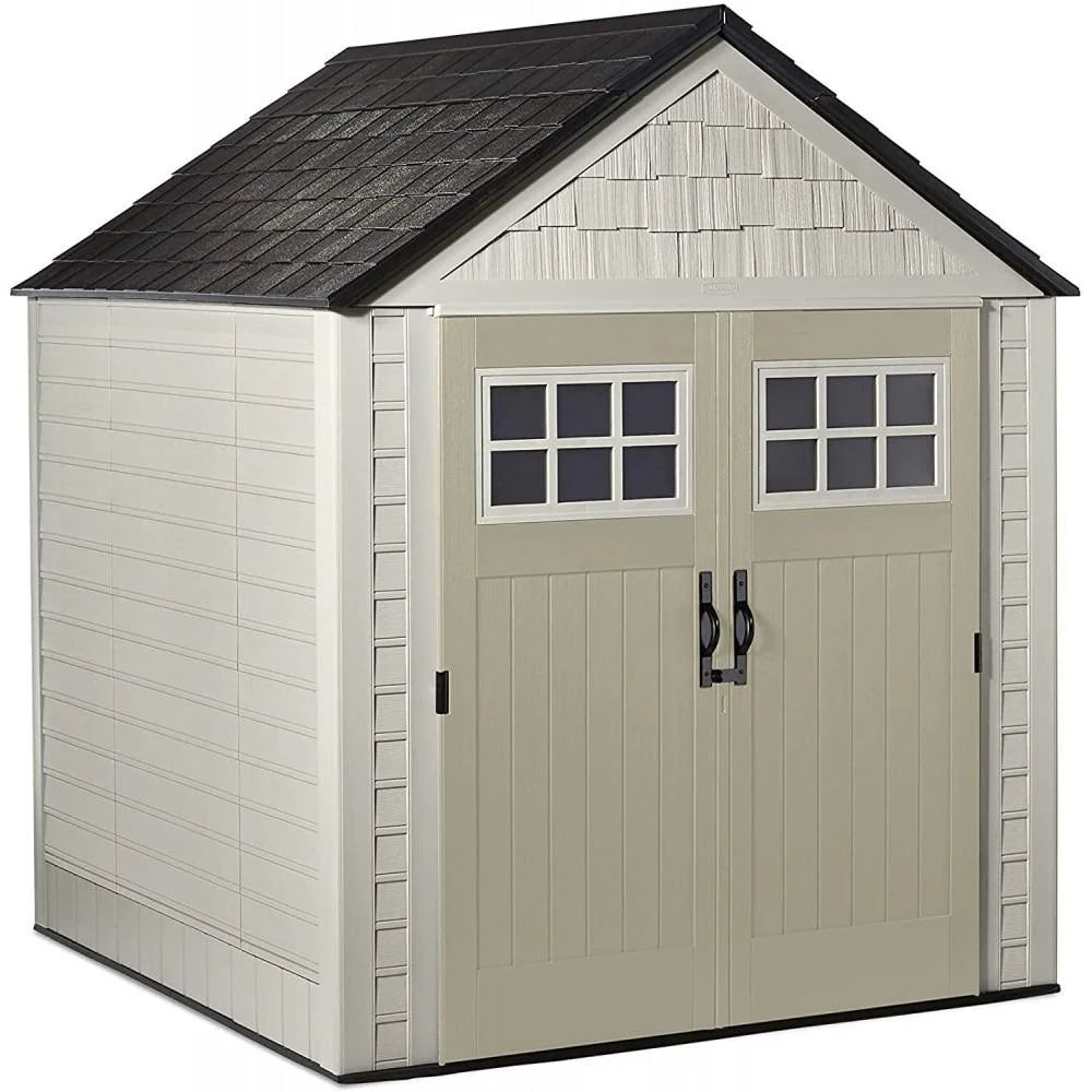 77 Ft Durable Weather Resistant Resin Outdoor Garden Storage Shed with Windows and Utility Hooks, Sand
