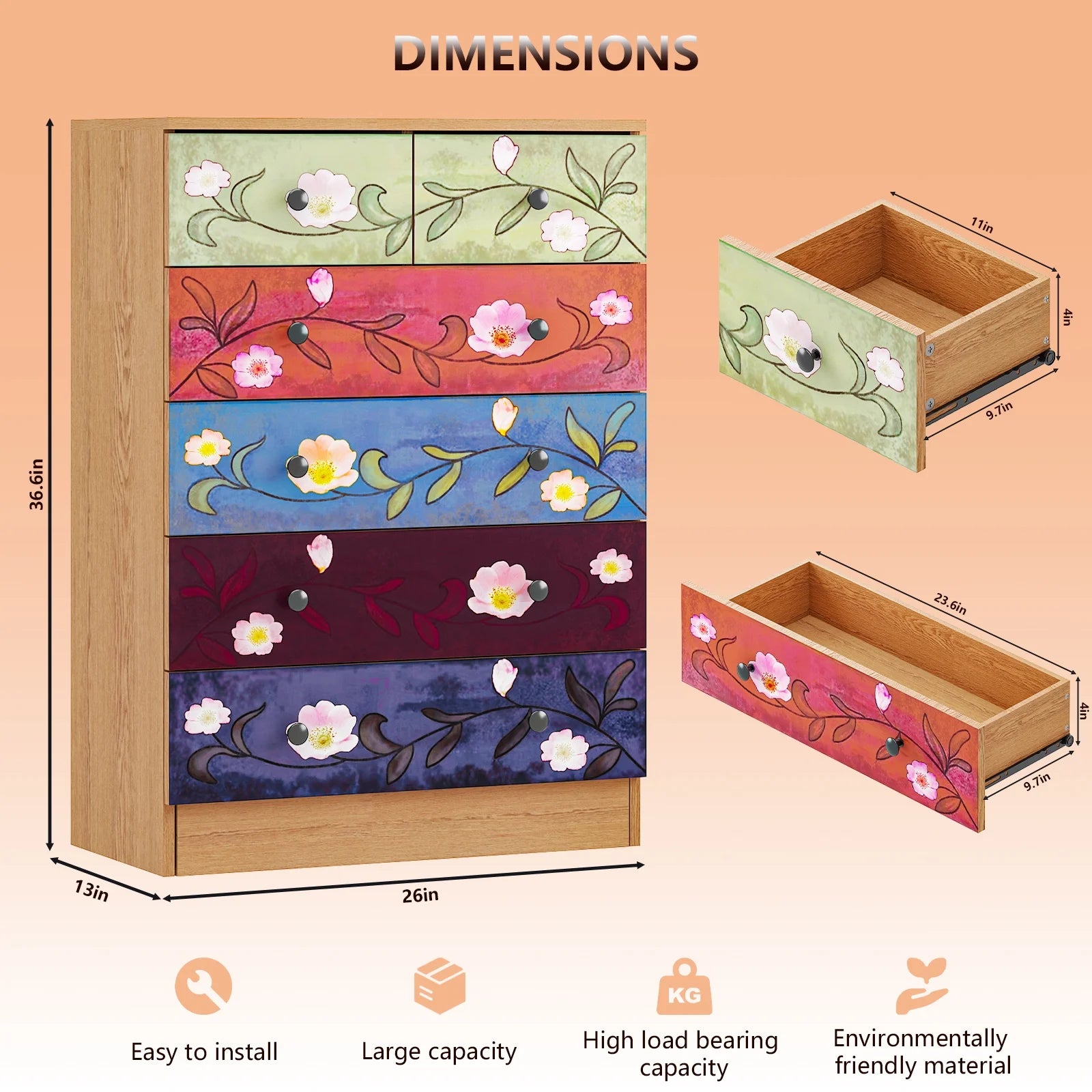 Ktaxon Wood 6 - Drawer Dresser Organizer for Bedroom Storage Tower for Entryway Hallway Closet, Tall Chest Organizer Unit with Wood Bins, Floral Painted Wooden