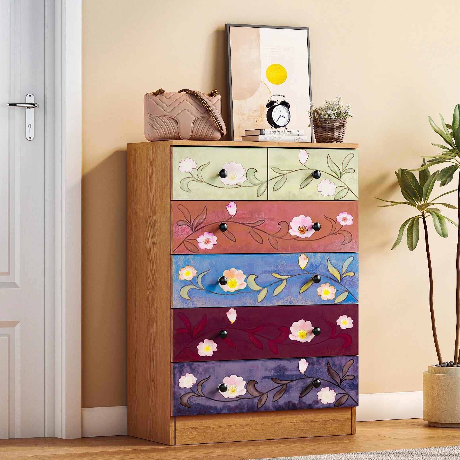 Ktaxon Wood 6 - Drawer Dresser Organizer for Bedroom Storage Tower for Entryway Hallway Closet, Tall Chest Organizer Unit with Wood Bins, Floral Painted Wooden