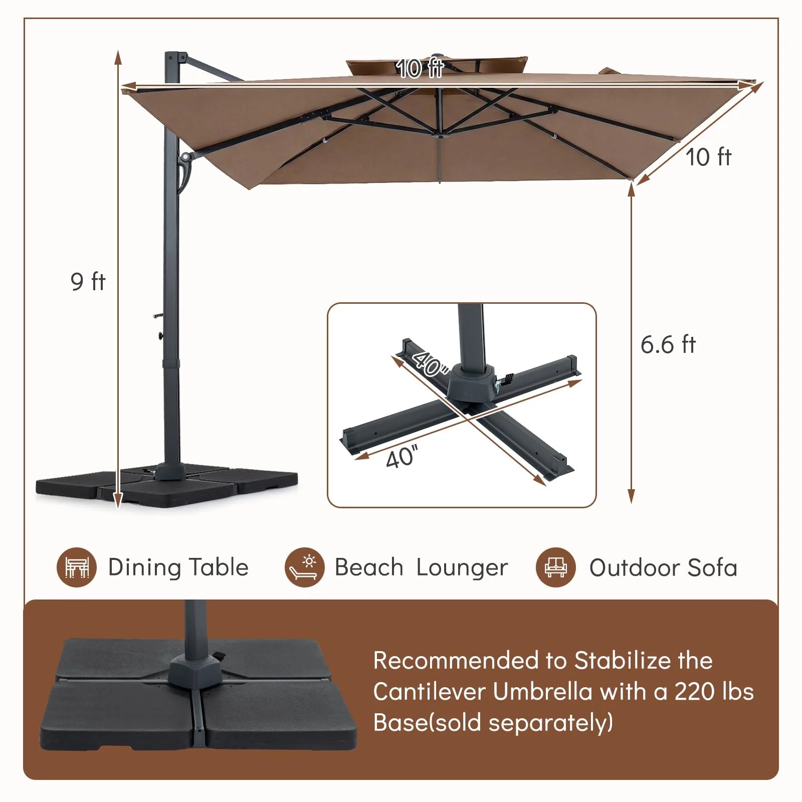 Tangkula 10 FT Patio Cantilever Umbrella | Large Square Offset Hanging Umbrella w/ 360° Rotation