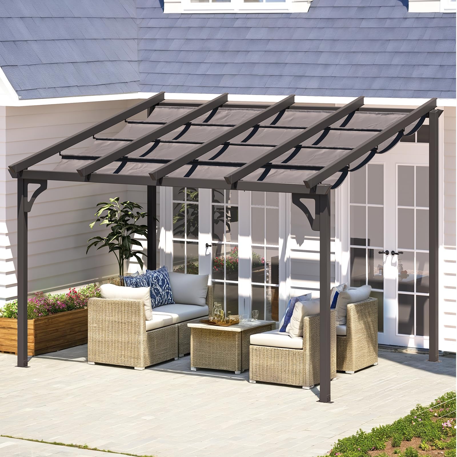 AECOJOY 10' x 8' Gazebo for Patio, Retractable Pergola with Adjustable Sun Shade Canopy Roof