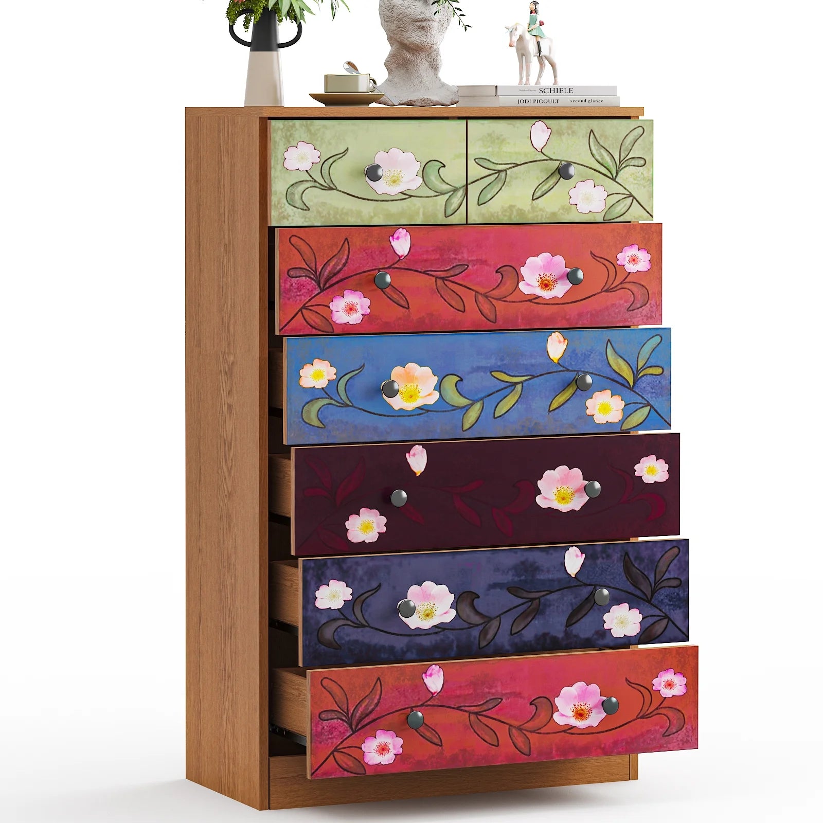Ktaxon Wood 6 - Drawer Dresser Organizer for Bedroom Storage Tower for Entryway Hallway Closet, Tall Chest Organizer Unit with Wood Bins, Floral Painted Wooden